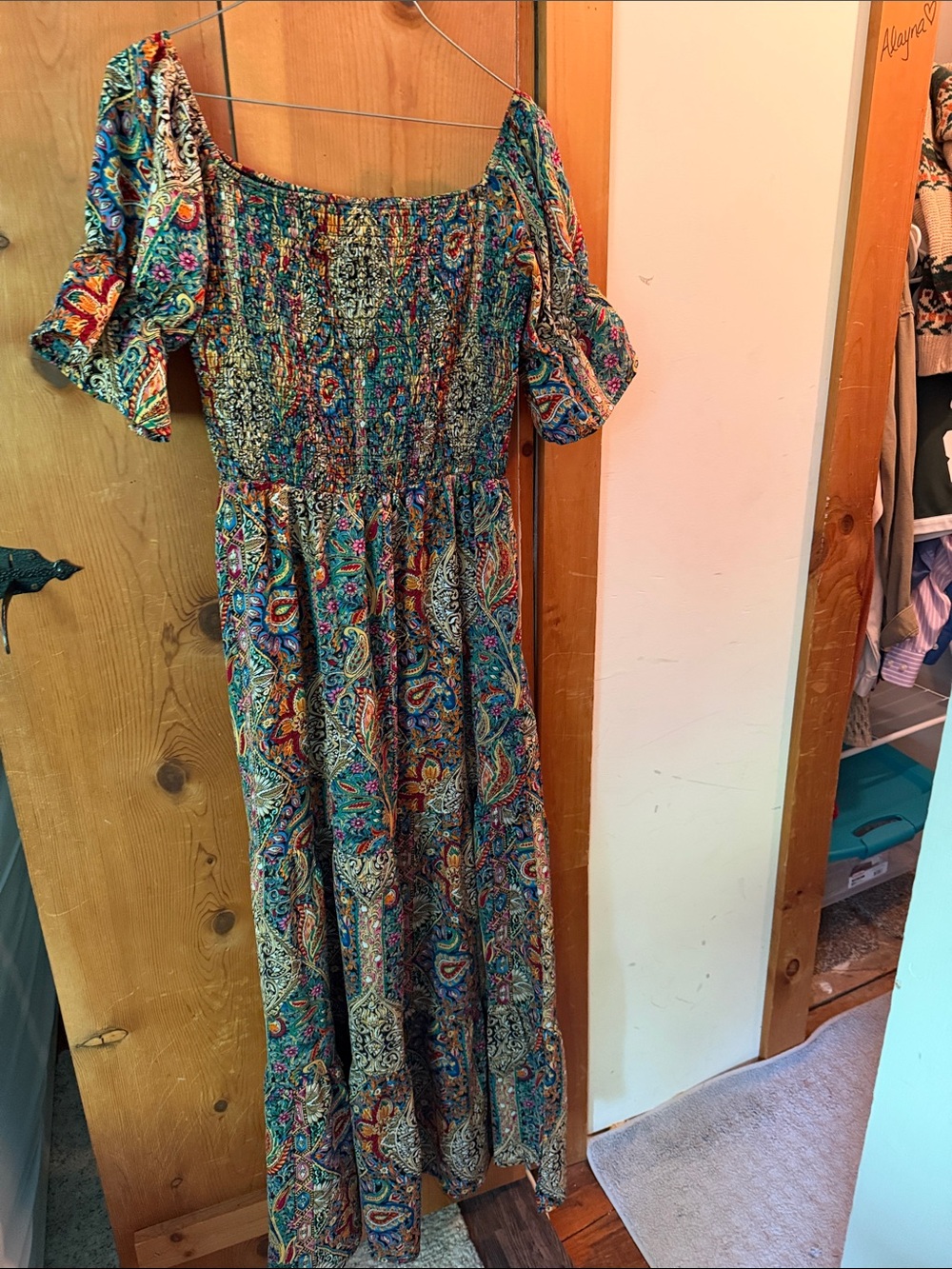 Boho Paisley Off-Shoulder Maxi Dress in Teal, multicolor